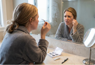 Vrouw worstelt voor de spiegel met nepwimpers en een pincet