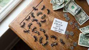 Stapel gebruikte wegwerpwimpers naast geld